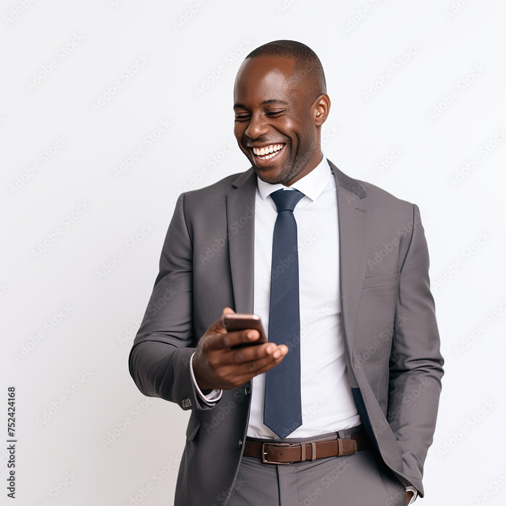Capturing the joy of a smiling African American businessman with a cell phone. Ai generated Capturing the joy of a smiling African American businessman with a cell phone. Ai generated