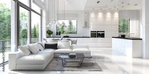 Interior design of modern Scandinavian apartment living room Light color interior of modern living room and kitchen with comfortable sofa coffee table, white countertops and bar.