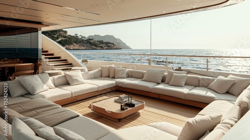 Sophisticated wooden platform in a private yacht interior showcasing luxury goods against the backdrop of the sea © Sara_P