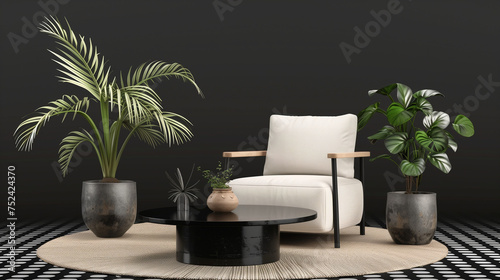  Set of interior furniture on transparent background, armchair, black table, plant in pot, 3d render illustration