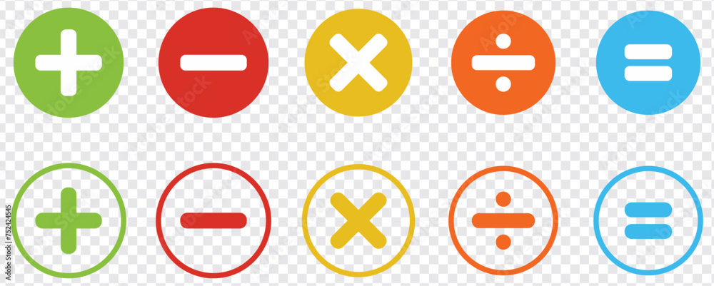Plus and minus icon set. Math symbol. Add sign. Multiply icon. Calculator button, business finance concept in vector flat