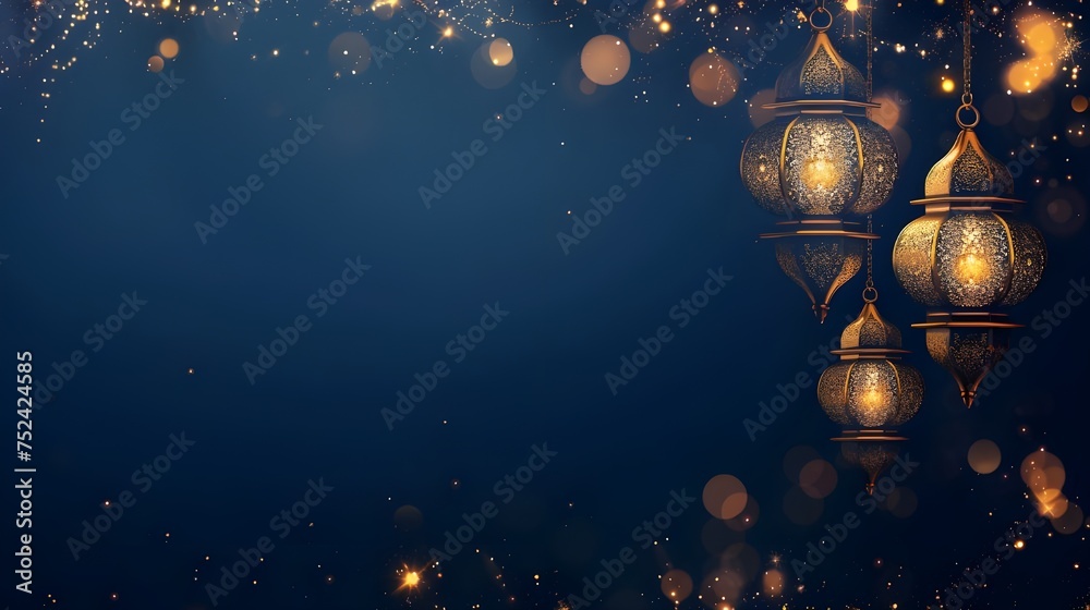 Fototapeta premium ramadan islamic greeting card of crescent moon decoration and lanterns with copy space area banner