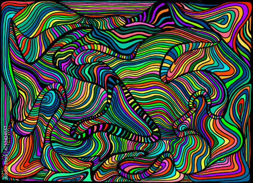 Funky motley abstract lines art pattern, rainbow multicolor color. Waves crazy summer psychedelic stylish card.