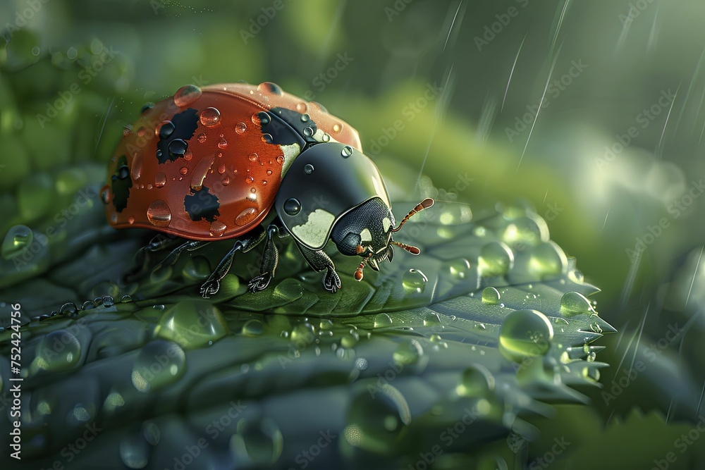 Obraz premium A delightful 3D ladybug rests on a dew-kissed leaf in the morning light against a green backdrop, beginning the day.