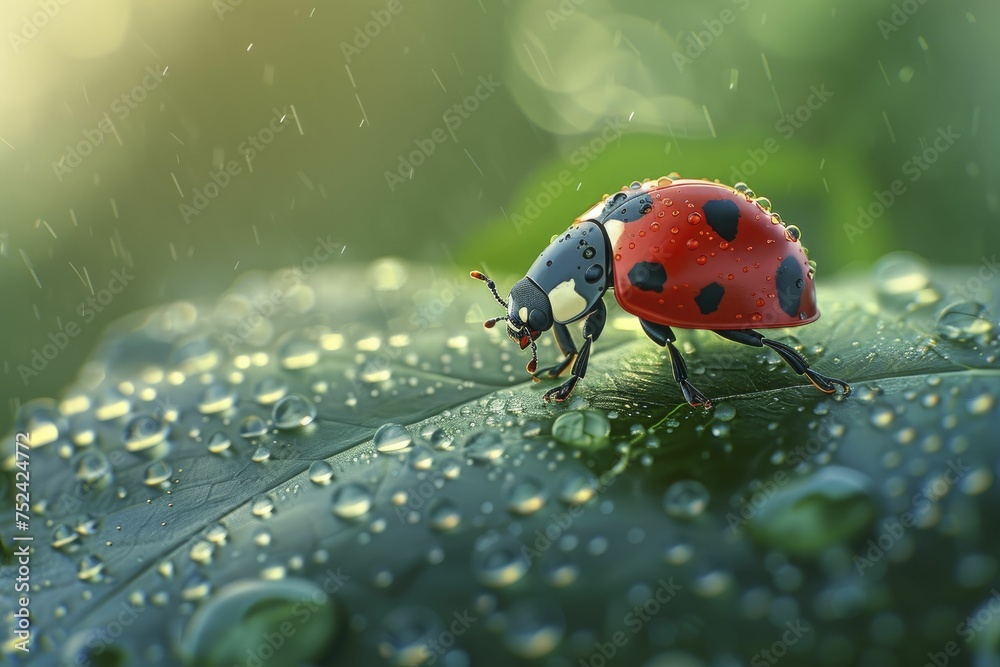 Obraz premium A charming 3D ladybug rests on a dew-kissed leaf against a morning green backdrop, beginning the day beautifully.