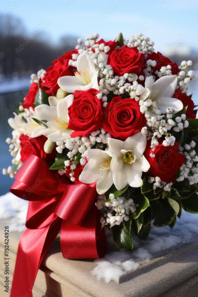 A bouquet of red roses and white lilies placed on a table A bouquet of red roses and white lilies placed on a table