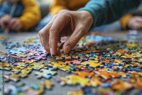 Close up of a hand doing a puzzle, with a blurred family scene in the background for togetherness.