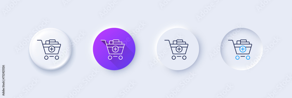 Add to Shopping cart line icon. Neumorphic, Purple gradient, 3d pin buttons. Online buying sign. Supermarket basket symbol. Line icons. Neumorphic buttons with outline signs. Vector