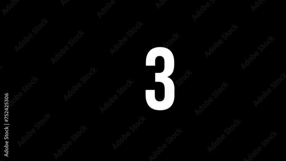 Countdown number from 3 to 0. Digital glitch distortion effect three to zero sconds, dynamic pixel animation 3-0 balck and white