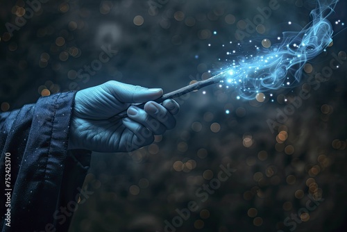 Close up of a magician's hand with a magic wand, blur solid dark background for mystery