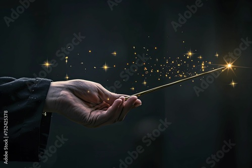 Magician's hand holding a wand against a mysterious dark backdrop, creating an aura of enchantment.
