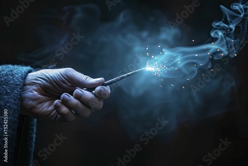 Magician's hand holding magic wand, mysterious dark backdrop enhancing the enchantment.
