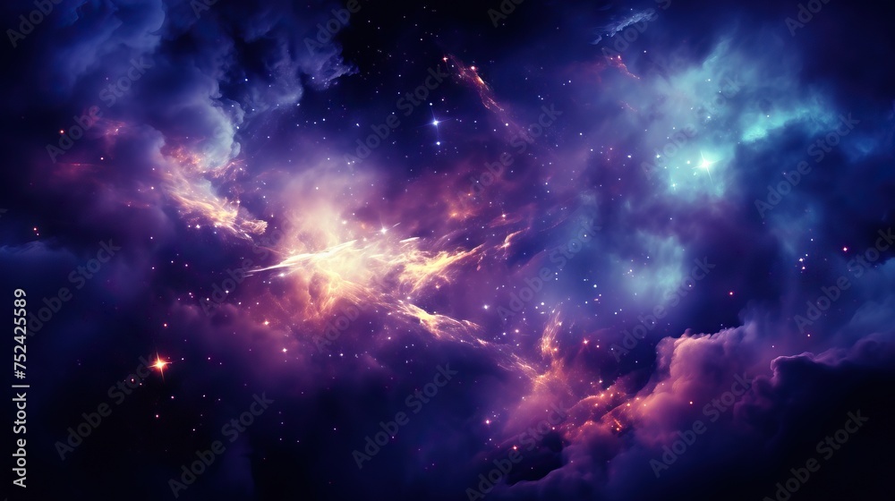 A vivid cosmic landscape with swirling dust and bright stars