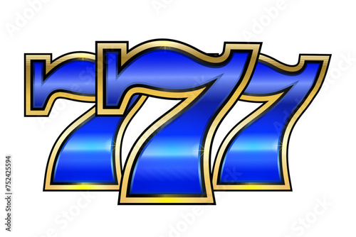 Blue and gold number 777 on a white background. Winning combination in a casino. Vector illustration.