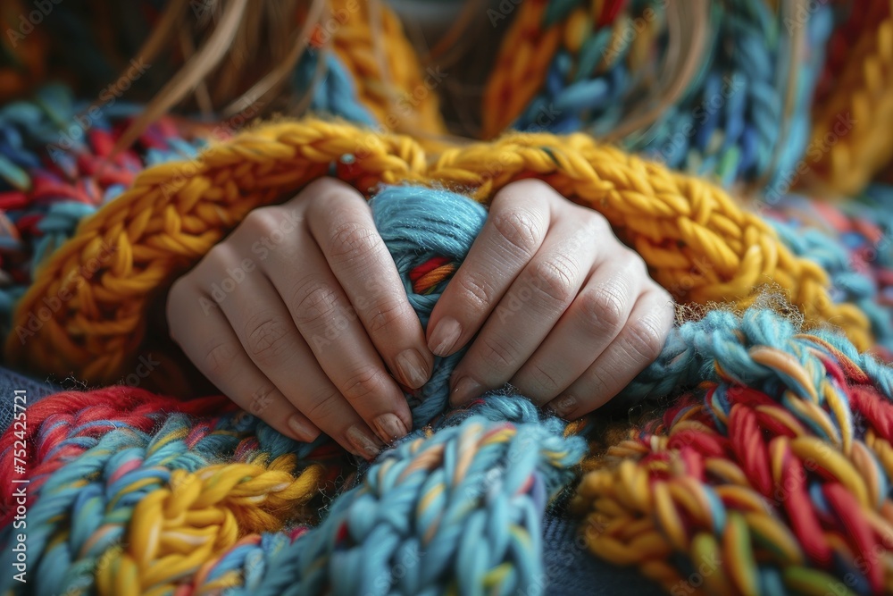 Close up of hands knitting with colorful yarn, blur solid cozy background for craft. Close up of hands knitting with colorful yarn, blur solid cozy background for craft.