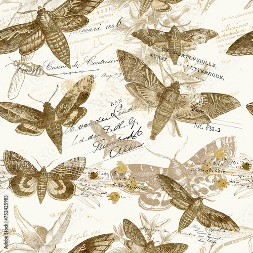 Vászonkép Vintage Golden Moth Seamless Pattern with Floral Illustrations and Cursive Handw