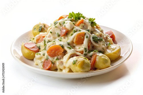 pasta with vegetables and cheese isolated on white