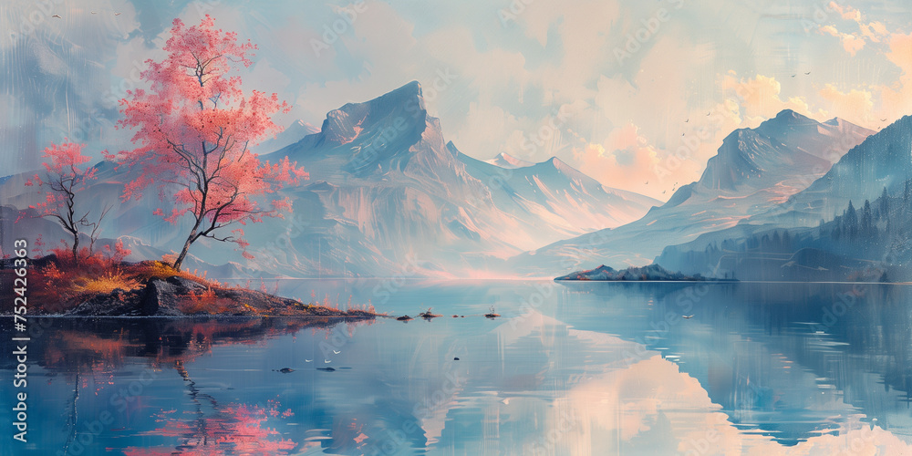 Painting of sunrise over the lake in the fall colorful countryside.
