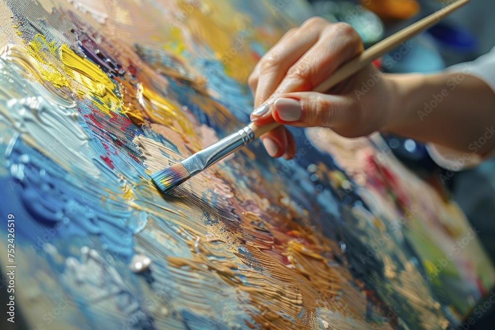 Obraz premium Hand wielded a paintbrush on canvas, obscured by artistic chaos in the backdrop.