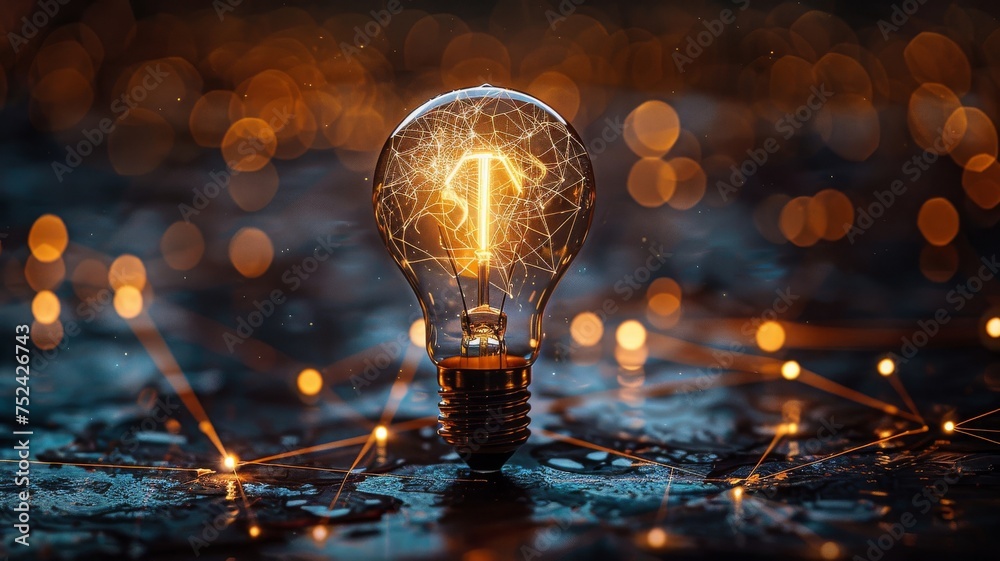 Illuminated Idea: Glowing Lightbulb with Sparking Network. Capturing the essence of inspiration, this image features a solitary lightbulb ablaze with light patterns amidst a field of glowing sparks - obrazy, fototapety, plakaty 