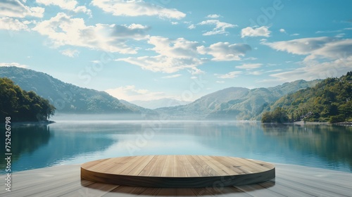 Wooden podium on a serene lakeside perfect for displaying eco friendly products in harmony with nature