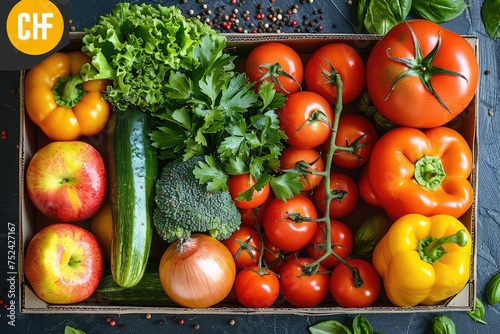 fresh fruits and vegetables in the box advertising food photography