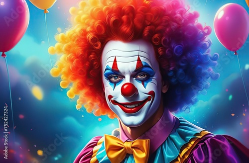 One gorgeous happy clown with curly hair, an explosion of colors bright, happy colors, beautiful light. April Fools Day
