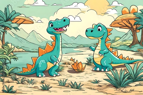 dinosaurs in the park, Embark on a delightful adventure with a cute and adorable baby dinosaur, rendered in the style of children-friendly cartoon animation fantasy © SANA