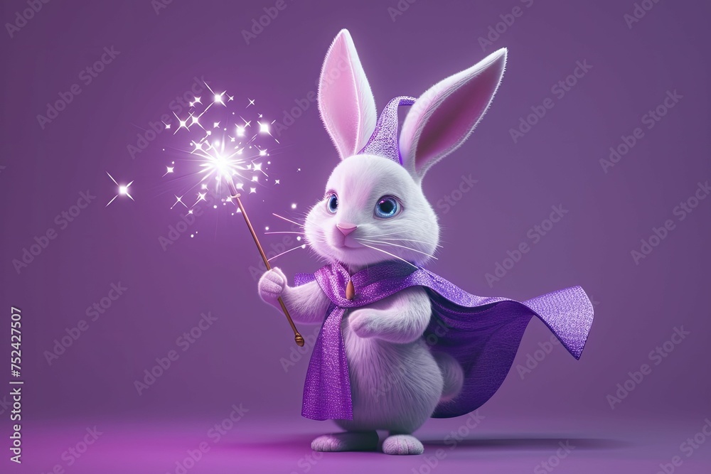 The 3D rabbit magician, playful with a wand, casts joyous spells on a mystic violet backdrop. The 3D rabbit magician, playful with a wand, casts joyous spells on a mystic violet backdrop.