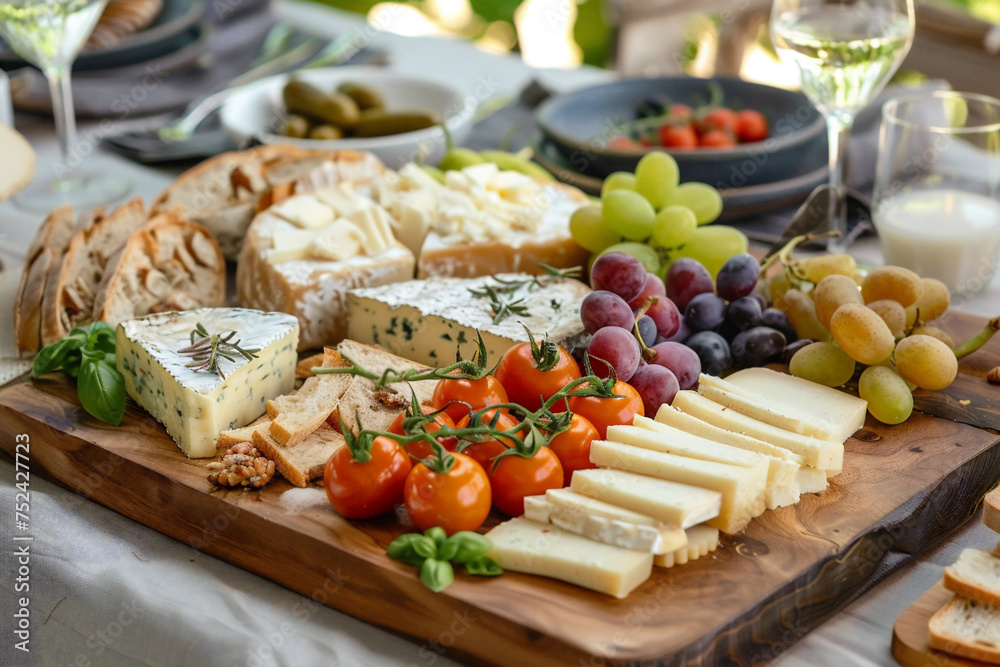 Cheese platter with different cheeses, grapes, nuts, honey, bread and dates on dining table setting. Cheese platter with different cheeses, grapes, nuts, honey, bread and dates on dining table setting.