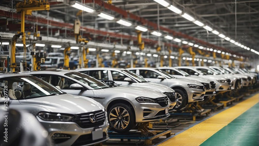Mass production assembly line of modern cars in a busy factory

