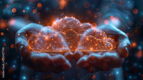 Digital transformation concept with glowing cloud computing icon in hands