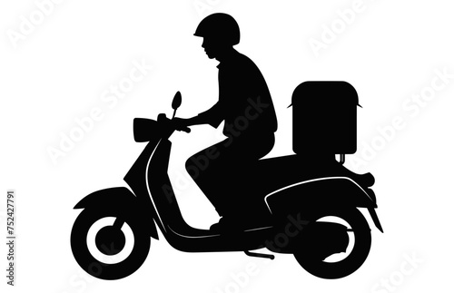 Courier Man carrying package on motorbike Silhouette, Delivery men carry a box black Vector