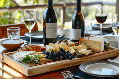 Cheese platter with different cheeses, grapes, nuts, honey, bread and dates on dining table setting at vineyard.