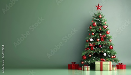 Festive christmas tree and gift boxes in modern green living room interior with copy space