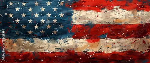 an old american flag that has been painted with white paints, in the style of colorful brushstrokes, minimalist illustrator, poster, matte background. Generative AI