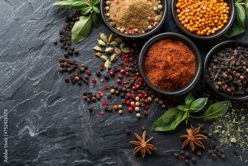 Aromatic spices assortment on dark slate background from top view