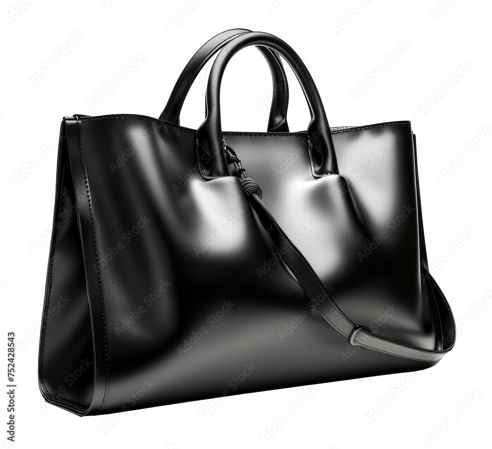 Naklejka premium Black leather handbag on transparent background - stock png.