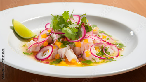Elegantly Plated Traditional Ceviche Dish with Citrus, Onions, Corn and Plantain Chips
