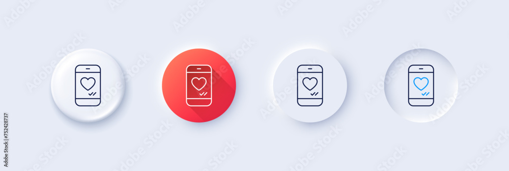 Phone with heart line icon. Neumorphic, Red gradient, 3d pin buttons. Social media like sign. Smartphone Love message symbol. Line icons. Neumorphic buttons with outline signs. Vector