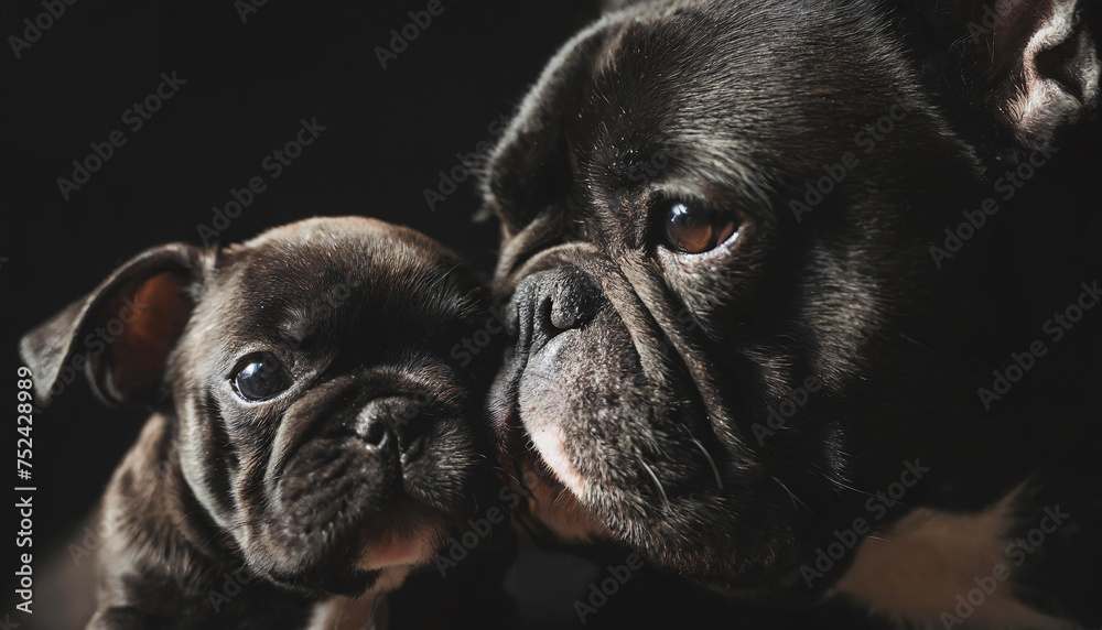 Closeup of a black mother bulldog dog nuzzling her litter baby dog