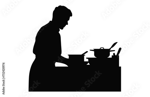 Man Cooking Silhouette Vector isolated on a white background, Men preparing food in kitchen black Clipart