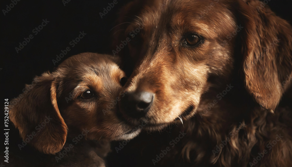 Closeup of a brown mother harrier dog nuzzling her litter baby dog