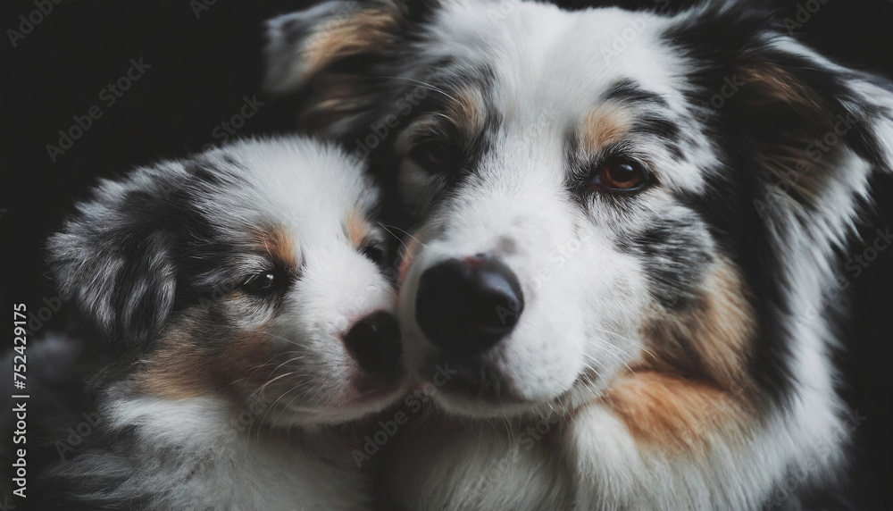 Closeup of a mother australian shepherd dog nuzzling her litter baby dog