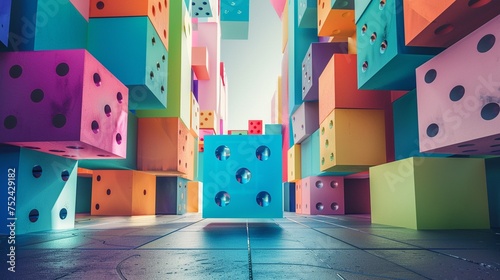 Architectural composition crafted from colorful dice, blending creativity with symmetry.