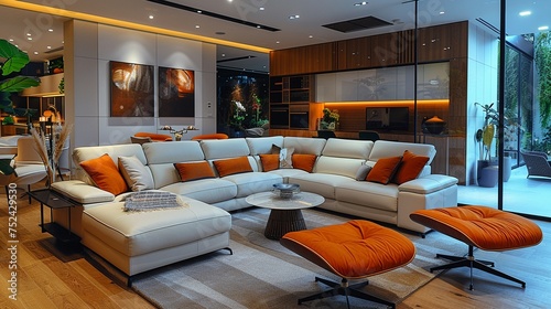 Luxurious couch set with a sleek recliner in a modern living room setting