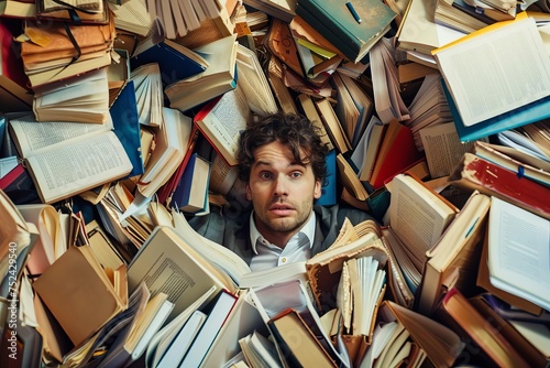 Overwhelmed man surrounded by a chaotic pile of books and paperwork Concept of stress Time management And information overload