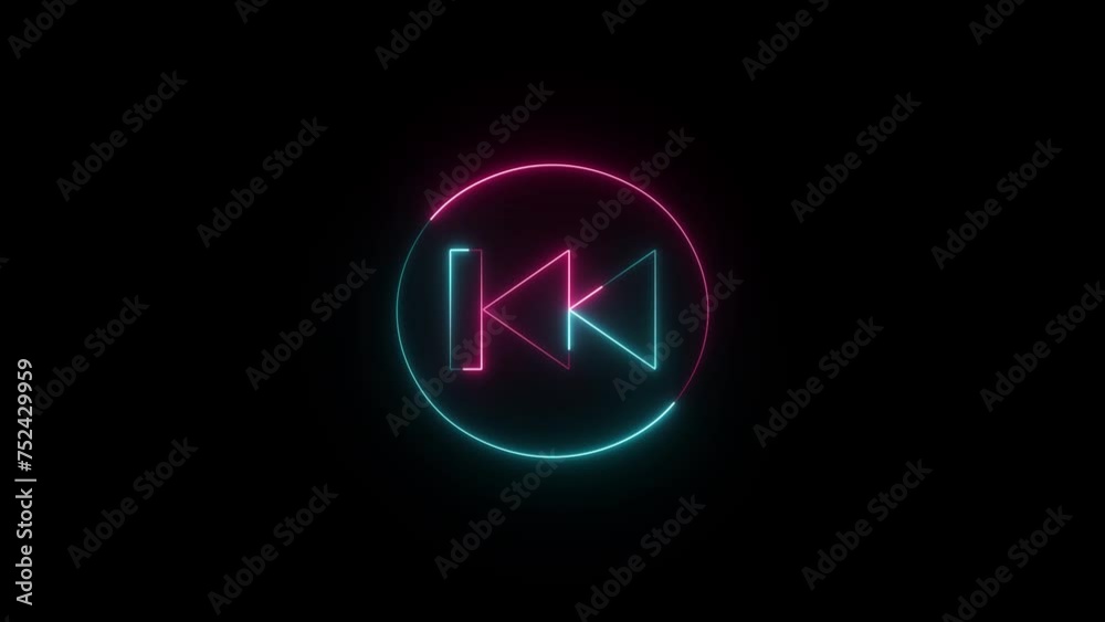 Previous button neon shine fast backward button with neon circle. Music arrow button symbol. Glowing neon arrow sign. Previous button neon shine fast backward button with neon circle. Music arrow button symbol. Glowing neon arrow sign.