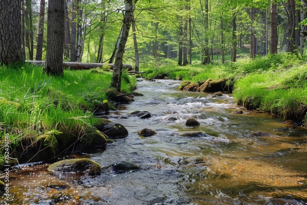 Stream in a vibrant spring forest With crystal-clear water flowing amongst freshly sprouted greenery Symbolizing renewal and the rejuvenation of nature Stream in a vibrant spring forest With crystal-clear water flowing amongst freshly sprouted greenery Symbolizing renewal and the rejuvenation of nature