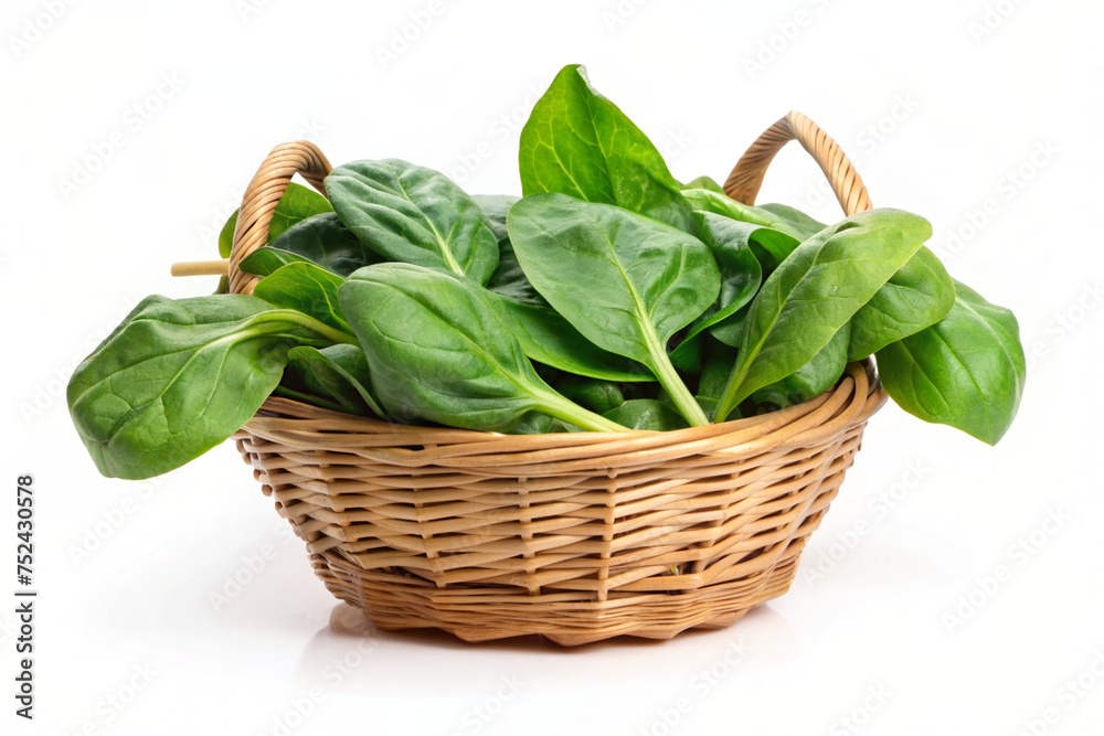 fresh spinach leaves in a basket isolated on white background fresh spinach leaves in a basket isolated on white background